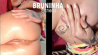 fingering that tight ass and showing off tits on split screen, all oiled up for fitness fun