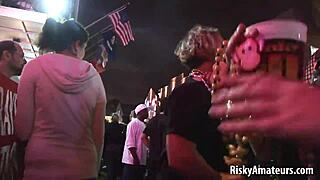 Amateur girls tease their sexy tits at a party outdoors 😏👙