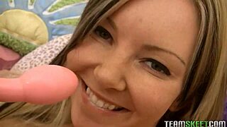 Feeling the pleasure, cute blonde Aaliyah Love dildo fucks herself passionately