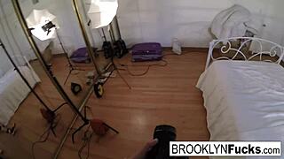 Hot babe Brooklyn boldly inserts purple toy into her tight pink pussy.