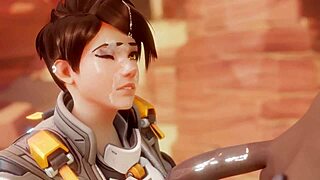 Tracer pays off her bet with intense sucking and blowjob on black cock, leading to cumshot from Bewyx featuring Cinderdryadva.