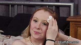 feisty bombshell gets a jizz facial and swallows every drop