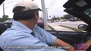 Blonde flashes tits topless in public car ride