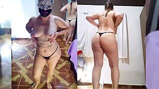 Mirelladelic's casual striptease involves undressing, ripping clothes, and showing big ass in fishnets