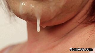 Feisty idol swallows cum load after sucking every drop dry. Her face drips with jizz.