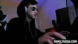 gamer stepbro gives teen stepsis blowjob and bangs her in pov group creampie scene