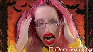 Femdom instructs jerk off in halloween penectomy fantasy with glasses