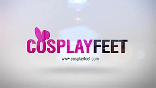 Blonde in black dotted stockings teases with her ballerina feet