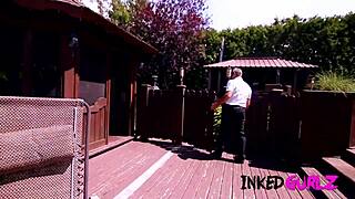 Petite tattooed brunette gets drilled hard in outdoor family pool