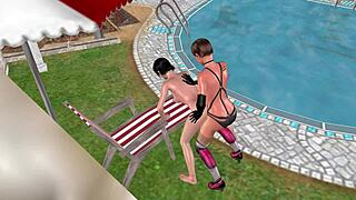 In 3d hentai, cute lesbian girl fucks another from behind