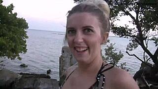 this teen blonde in bikini did a wild striptease by the beach