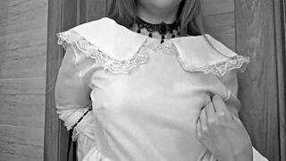 a big girl in dress and stockings gets cum on pussy