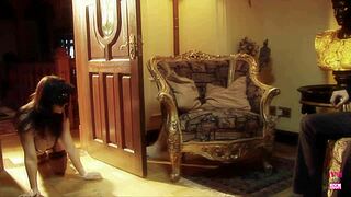 Masked brunette kitty in cosplay plays naughty, tittyfucking her master’s monster cock.