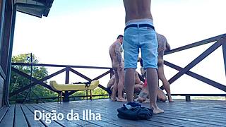 curvy redhead gets outdoor blowjob on balcony