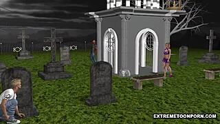 Cemetery threesome with 3D woman