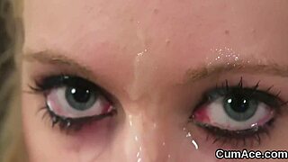 Hot babe gets drenched in cum during intense blowbang session