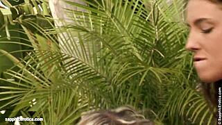 Steamy lesbian threesome unfolds in garden on Sapphic Erotica