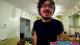 Voluptuous UK brunette sucks nerd's cock in casting