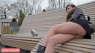 Jeny Smith flashes seamless pantyhose in public upskirt outdoors.