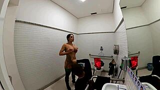 Girl cosplays Jade from Mortal Kombat and fucks in the bathroom at Halloween.