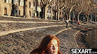 Stunning redhead Jia Lissa rides a massive dildo hard