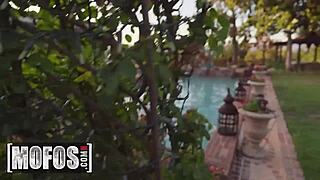 Stunning brunette Karla Kush rides thick shaft poolside in POV