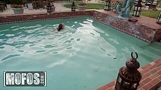 Stunning brunette Karla Kush rides thick shaft poolside in POV