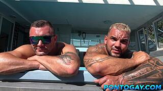 Hey, watch this gay daddy take big cocks from two hot studs