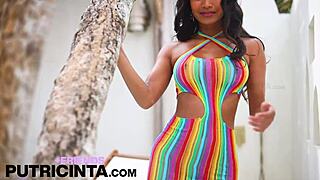 dude, check putri cinta in that colorful dress! she strips down to reveal her tight ass hole.