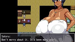 Tanned girl Natsuki in hentai game ep 2, pervy carpenter massages her massive boobs intensely
