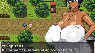Tanned girl Natsuki in hentai game ep 2, pervy carpenter massages her massive boobs intensely