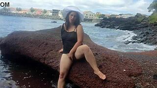 Hey, look at my seductive stepmom showing off on a public beach!