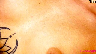 Sizzling brunette mommy performs solo POV close-up on sofa.