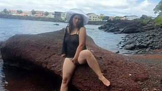 Hey, look at my seductive stepmom showing off on a public beach!