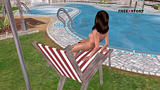 cute girl masturbates with bottle by pool