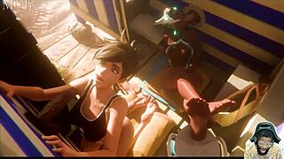 Sombra watches Natasha's bald pussy get deepthroated at gloryhole in wild POV face action