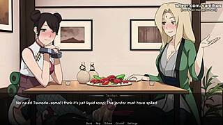 Naruto game part 8 shows Tsunade and Tenten giving handjob and footjob in public restaurant.