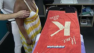 Black milf's huge oiled tits get a sensual massage from sneaky masseur