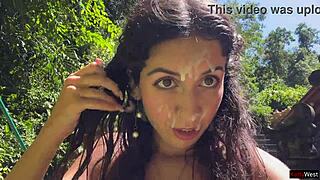 Crazy cumwalk splashing across a public waterfall