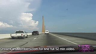 Flashing Big Tits Topless in Convertible Over Skyway Bridge