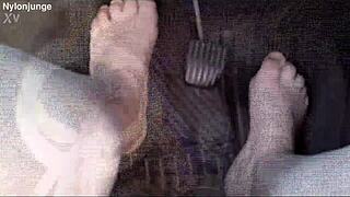 zeraphine73 shows off her sexy feet in socks outdoors, pure chubby fetish in the car