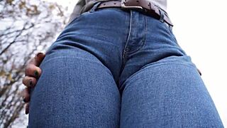 Milf Teasing Her Big Cameltoe in Tight Blue Jeans Outdoors