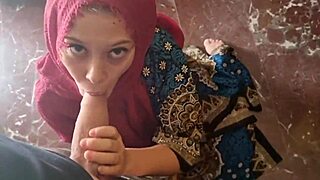 Yo, Muslim Latina teen sucking a huge cock and getting cum all over! 😲