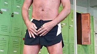 pervy papifachero strips down for a steamy shower after sweaty gym workout.