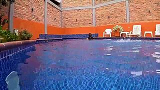 Nalgona Surprised Masturbating in Pool Gets Fucked Hard in Water