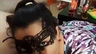 Watch her give a masked deepthroat blowjob.