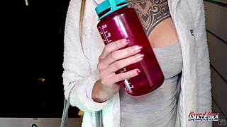 Inked brunette hottie Parker Skyes rubs her twat before sucking a big cock.