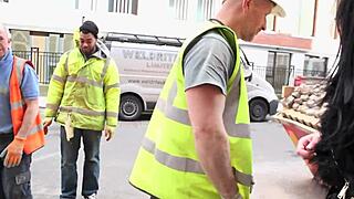 Sexy girl flashes tits at construction site