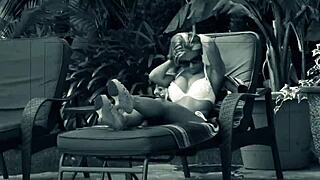 How does mom Aubrey Adams rub and fuck outdoors in the sun?