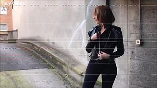 She starts flashing her french ass and boobs in the public street for the first time, continuing nude european exposure in part 2.